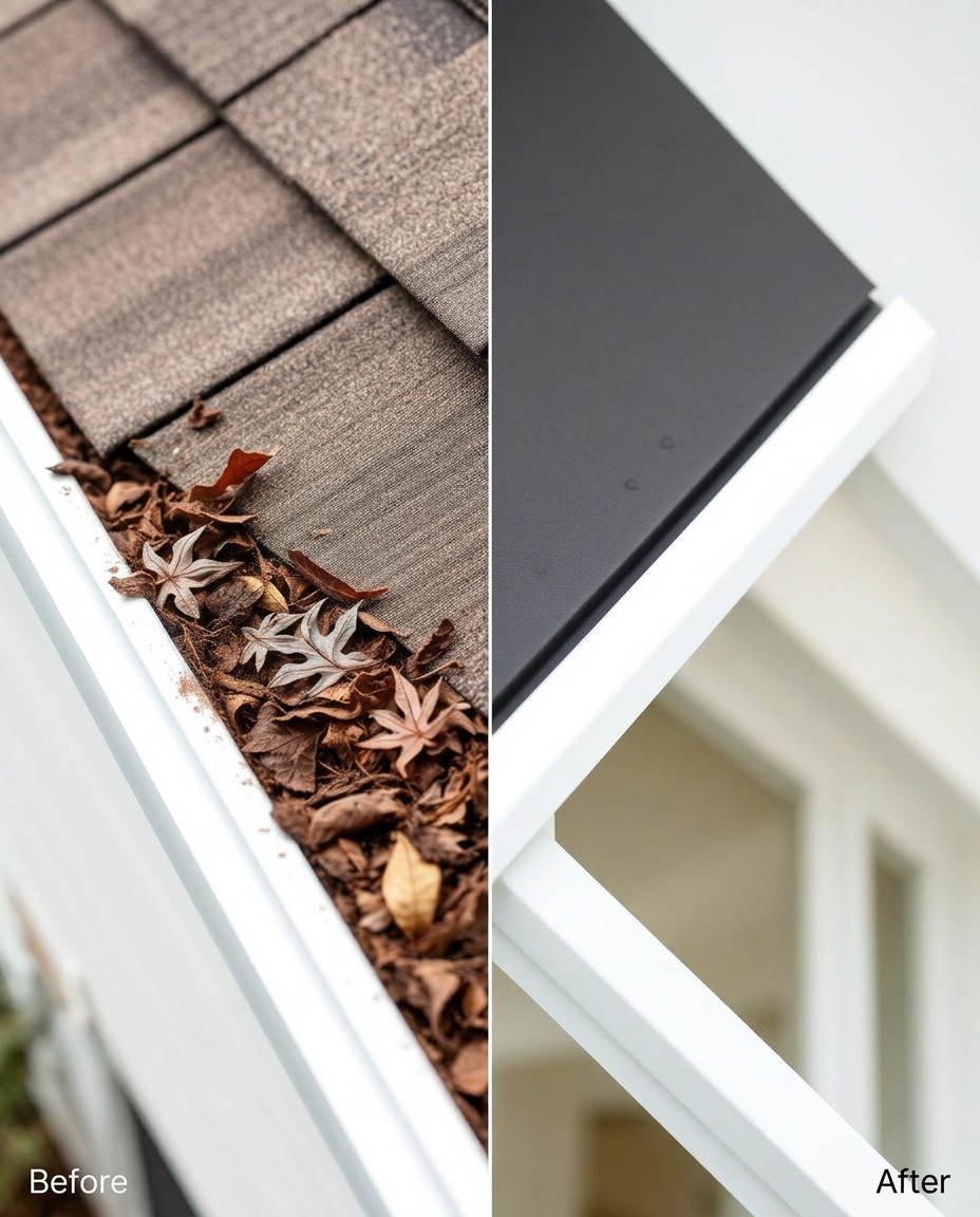 Before and after gutter cleaning comparison