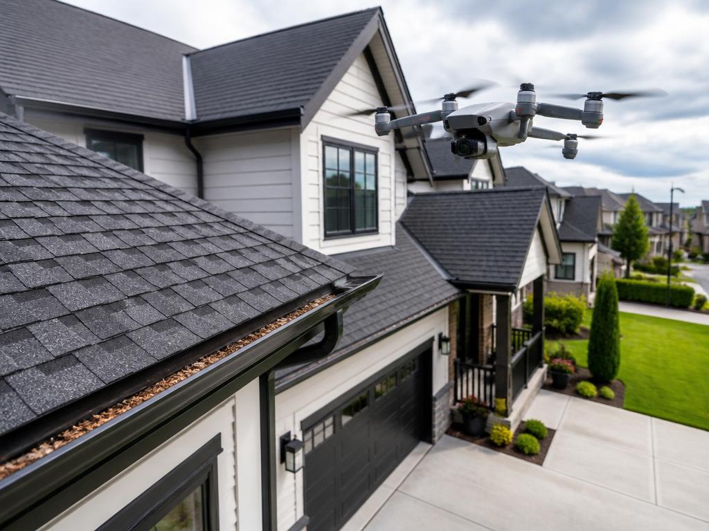 Aerial drone inspection of a modern home's roof and gutters