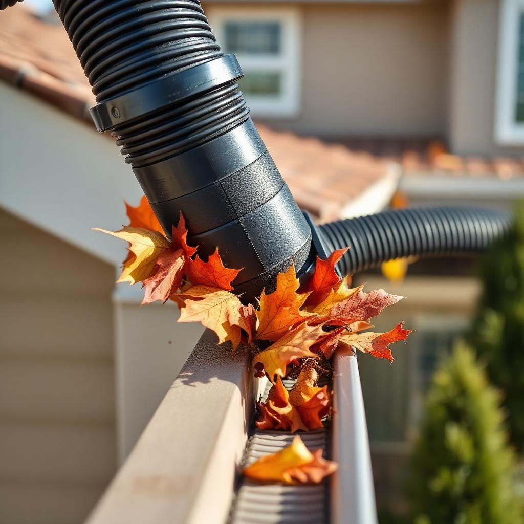Close-up of a professional gutter vacuum hose removing leaves from a modern home's gutter